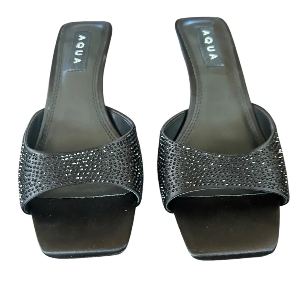 AQUA Onyx Black Embellished Stiletto Heel Mules Square Toe Slip On NEW 8